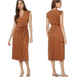 Banana Republic Faux Suede Sleeveless Knee-Length Wrap Dress Sz 2 Petite Brown